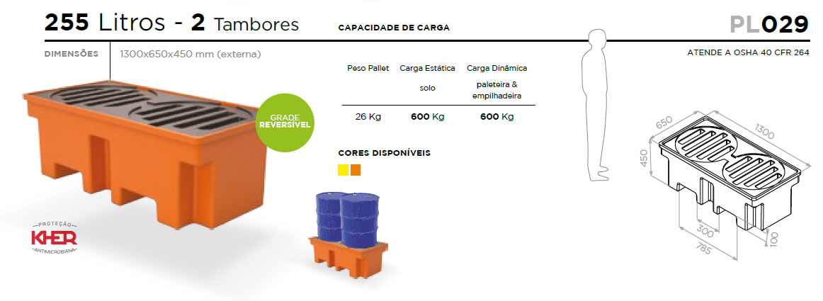 PALLET DE CONTENÇÃO PL029 – 2 TAMBORES 255 L