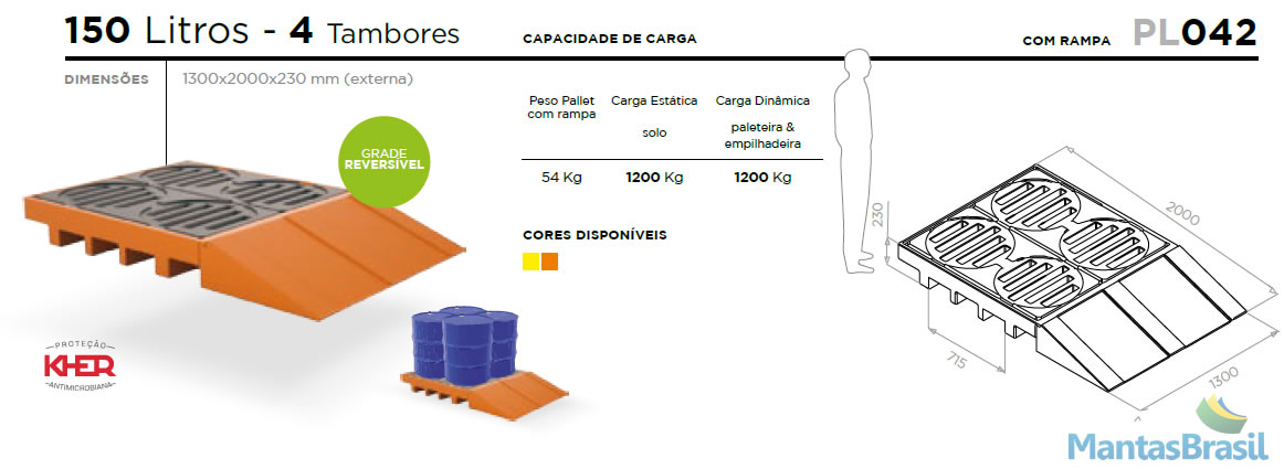 PALLET DE CONTENÇÃO - PL042 - 4 TAMBORES - 150 L C/RAMPA