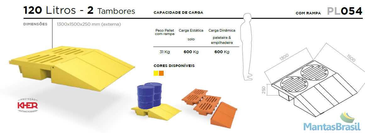 PALLET DE CONTENÇÃO PL054 2 TAMBORES 120 L C/RAMPA